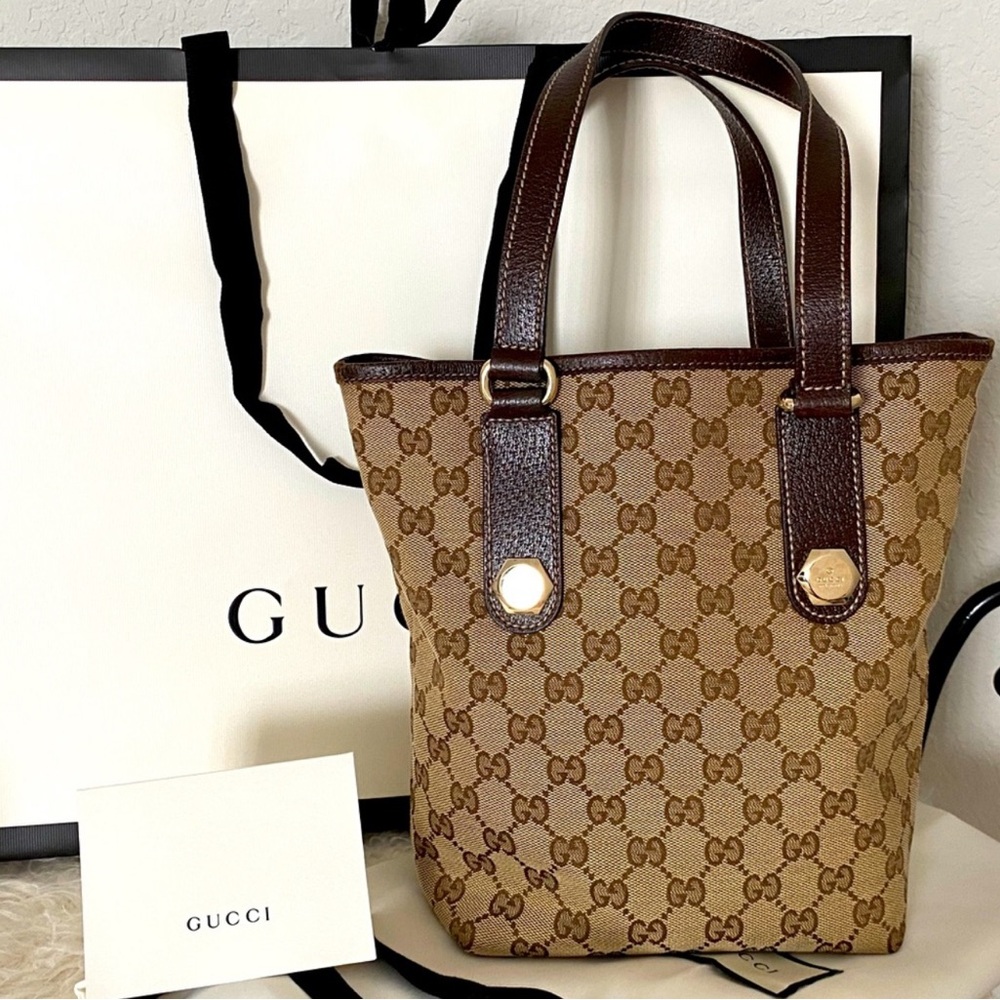 Gucci Tan and Brown GG Canvas Bucket Tote